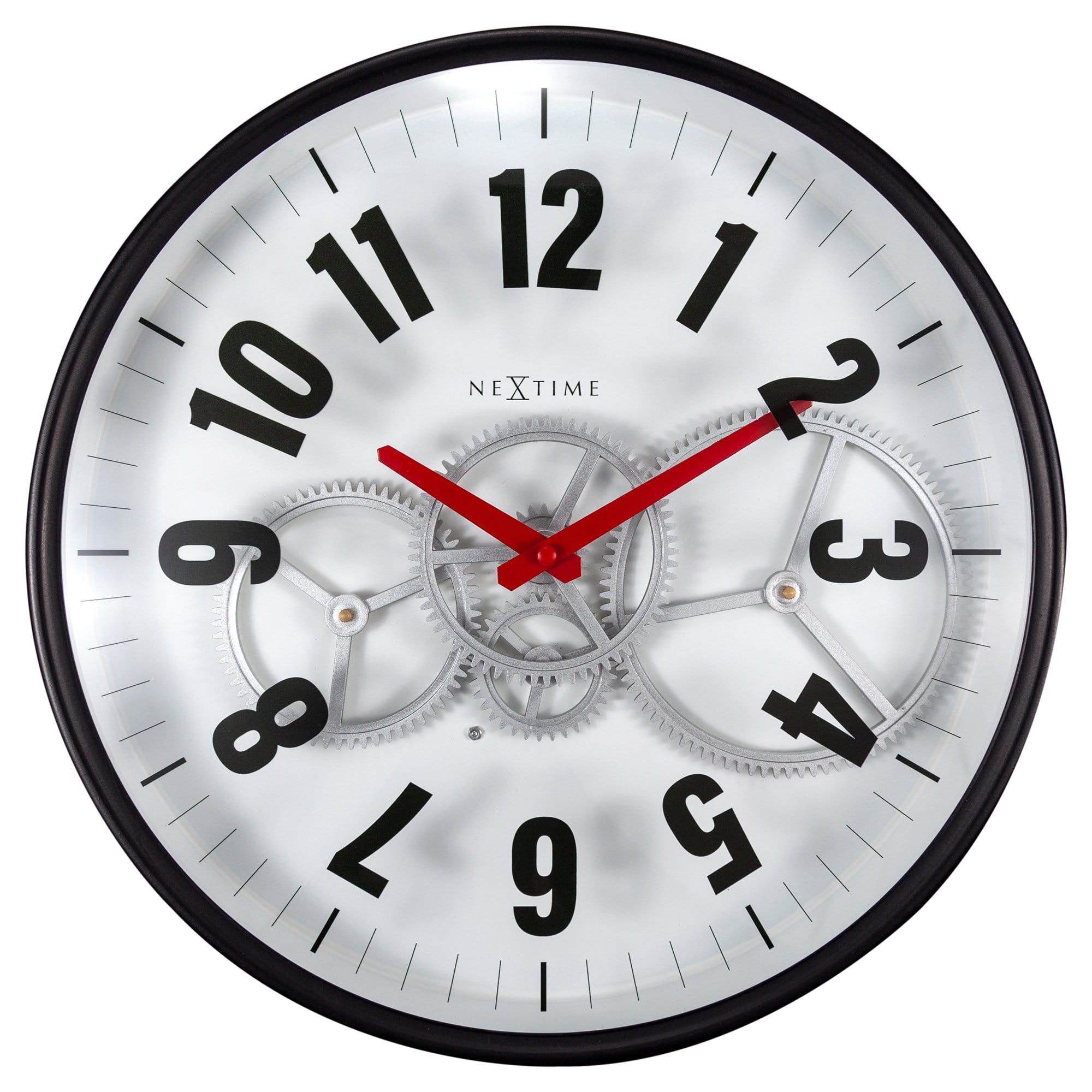 Modern NeXtime Gear Clock with moving gears, 36cm metal and glass wall clock, showcasing intricate gear design and sleek modern style.